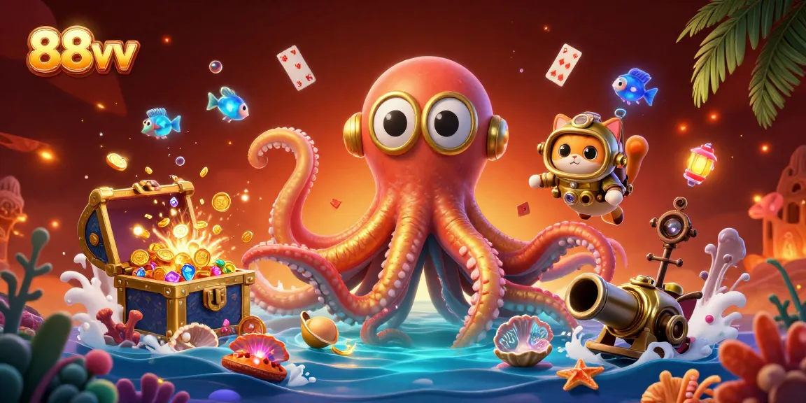 Engage with the thrilling adventures of 88vv as a kraken and cat explore a treasure-filled ocean.
