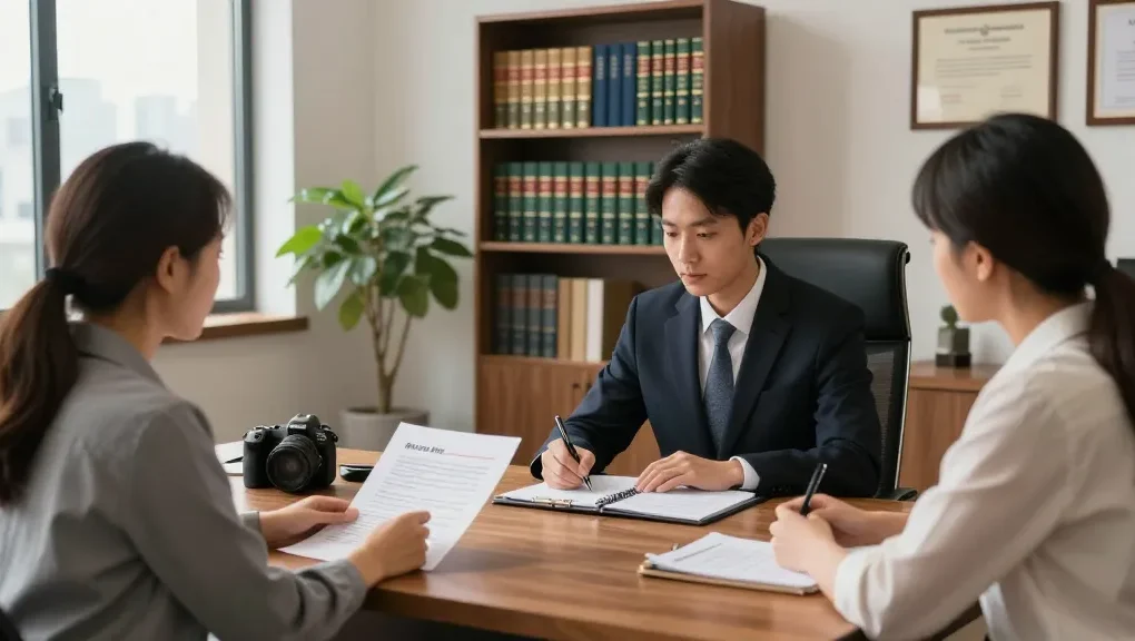 Family law blog consultation scene with a lawyer and couple discussing legal matters in an inviting office.
