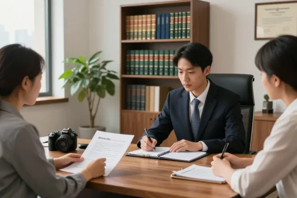 Family law blog consultation scene with a lawyer and couple discussing legal matters in an inviting office.